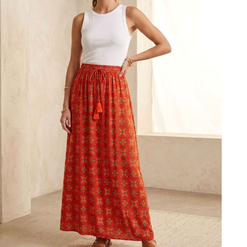 Women's Red Geo Print Plus Size Maxi Skirt DrawString Waist Side Split Size 1X
